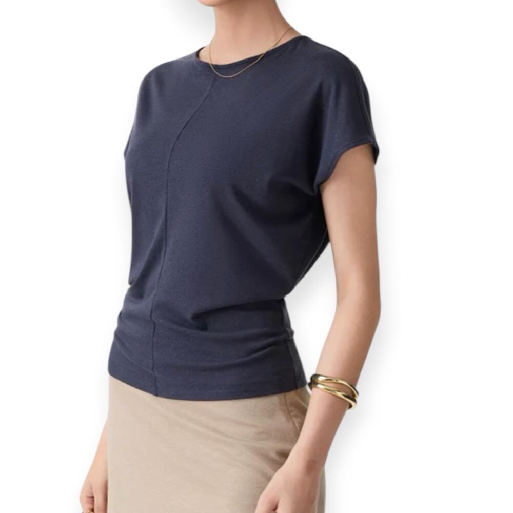 NWT OGL Round Neck Relaxed Summer Top Tencel Linen Smoky Navy Size XL